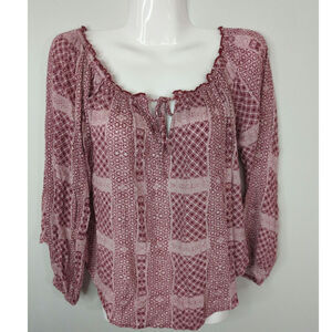 Abercrombie & Fitch Red &‎ White Patchwork Tie Neck Peasant Top Size S
